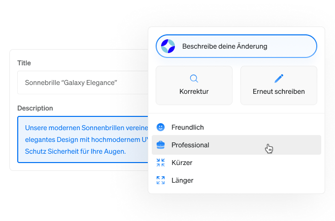 KI-gestützte Optimierung von Produktbeschreibungen innerhalb eines PIM-Systems. Die Automatisierung erleichtert die Anpassung von Produkttexten für verschiedene Verkaufskanäle.