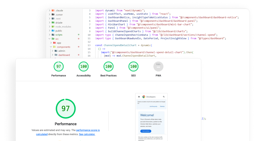 Code-Editor mit Lighthouse-Auswertung: hohe Werte für Performance, Barrierefreiheit, Best Practices und SEO.