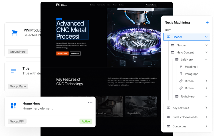 Visualisierung eines Headless CMS mit einer flexiblen Inhaltsstruktur und modularen Komponenten. Die Benutzeroberfläche zeigt ein konfigurierbares System für die Verwaltung digitaler Inhalte.