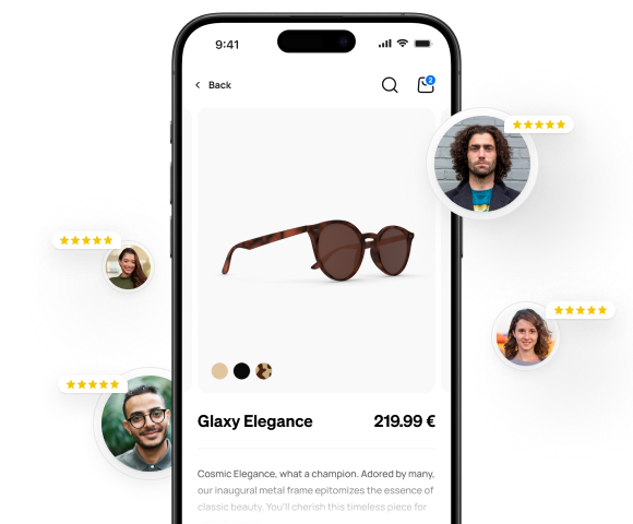 Mobile Ansicht eines PIM-gestützten Online-Shops mit Produktdetails für Sonnenbrillen. Kundenbewertungen und Produktdaten werden in Echtzeit aus dem PIM-System synchronisiert.