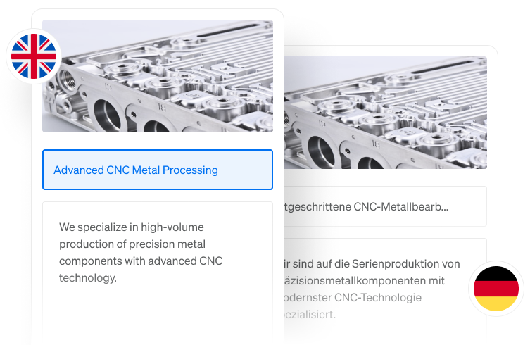 Mehrsprachige Inhaltsverwaltung mit einem Headless CMS. Die Illustration zeigt die Fähigkeit der Plattform, Inhalte für verschiedene Sprachen und Märkte anzupassen.