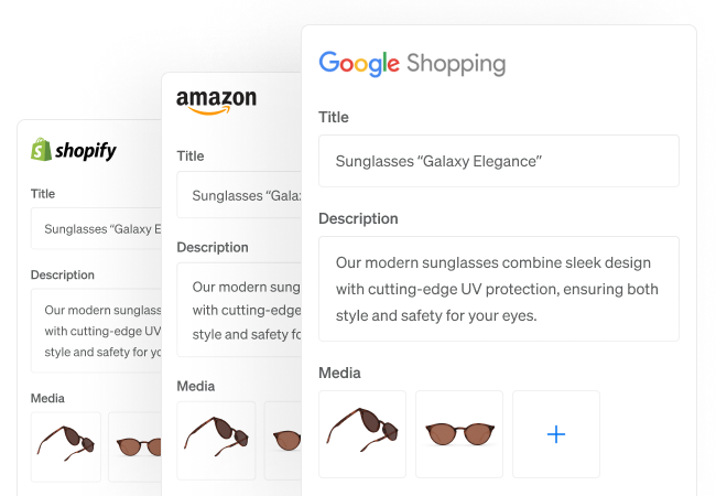 Automatisierte Produktdaten-Synchronisierung über ein PIM-System mit Anbindungen an Google Shopping, Amazon und Shopify. Einheitliche Produktbeschreibungen und Medien sorgen für konsistente Darstellung über alle Marktplätze hinweg.7