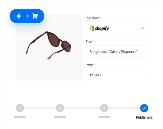 E-Commerce-Integration eines PIM-Systems mit automatisierter Veröffentlichung von Produktdaten auf Plattformen wie Shopify. Die Produktinformationen werden optimiert und für verschiedene Marktplätze synchronisiert.