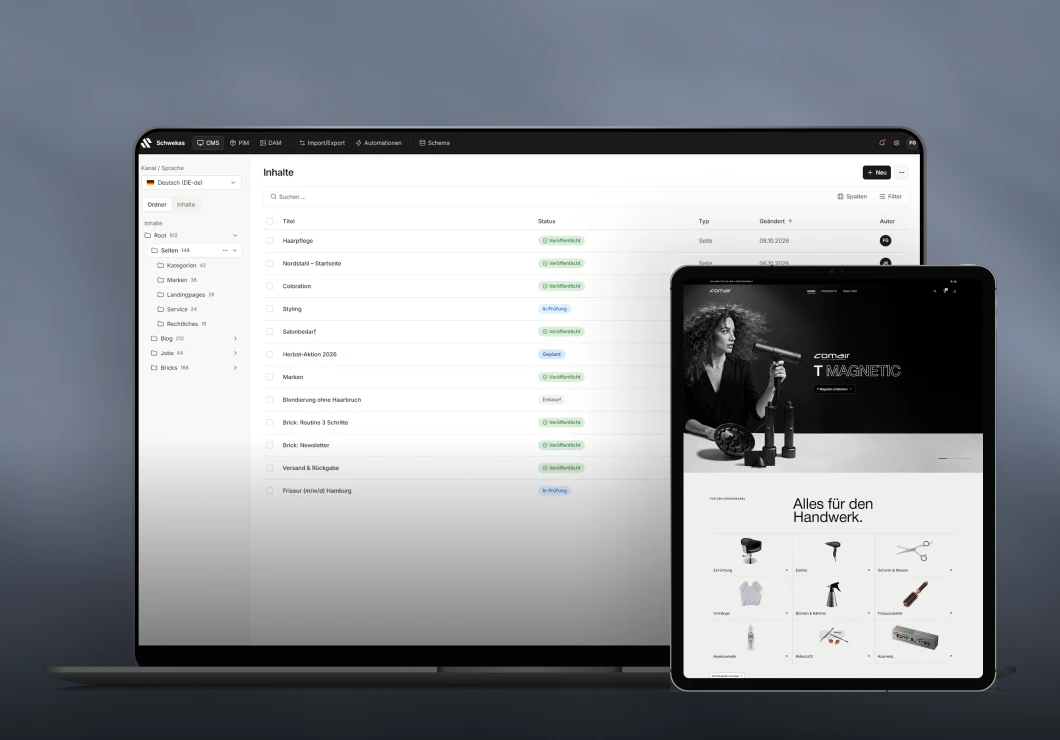 Laptop und Tablet mit Content-Verwaltung und E-Commerce-Shop als Beispiel für digitale Plattformlösungen